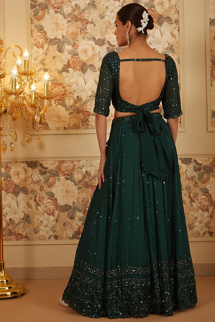 Green Georgette Embroidered Shimmer Wedding Lehenga Set by Astha Narang at Pernia's Pop Up Shop