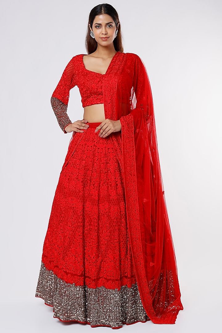 Red Lehenga Set With Thread Work by Astha Narang