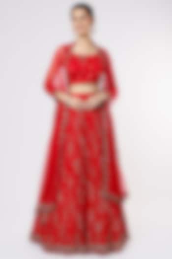 Red Net Zardosi Embroidered Lehenga Set by Astha Narang