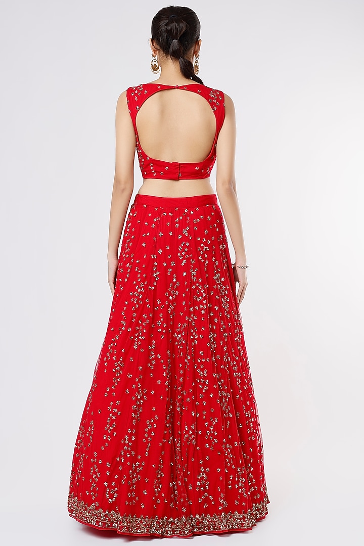 Red Net Zardosi Embroidered Wedding Lehenga Set by Astha Narang at Pernia's Pop Up Shop