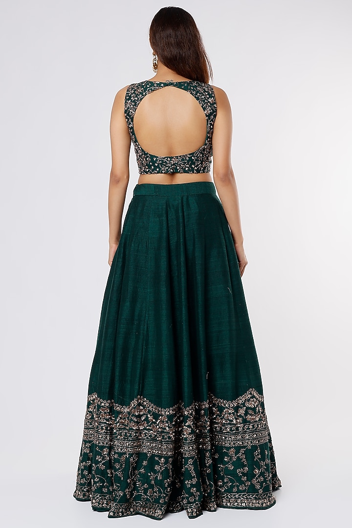 Bottle Green Raw Silk Sequins Embroidered Wedding Lehenga Set by Astha Narang at Pernia's Pop Up Shop