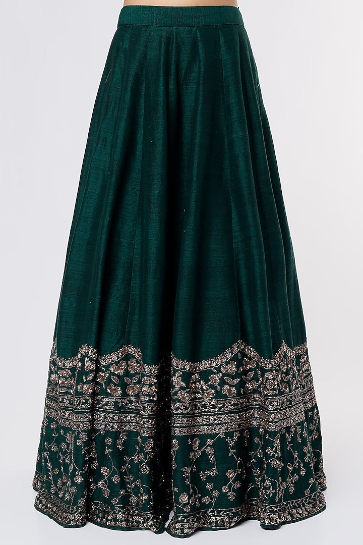 Bottle Green Raw Silk Sequins Embroidered Wedding Lehenga Set by Astha Narang at Pernia's Pop Up Shop