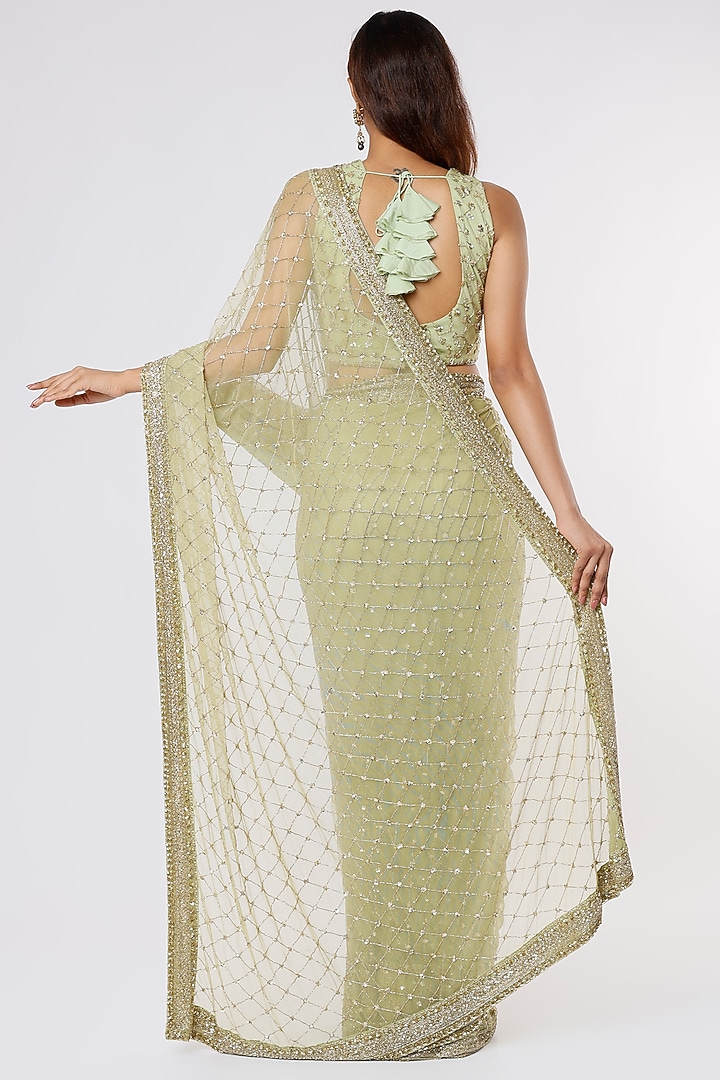 Mint Net Jaal & Sequins Embroidered Reception Saree Set by Astha Narang at Pernia's Pop Up Shop