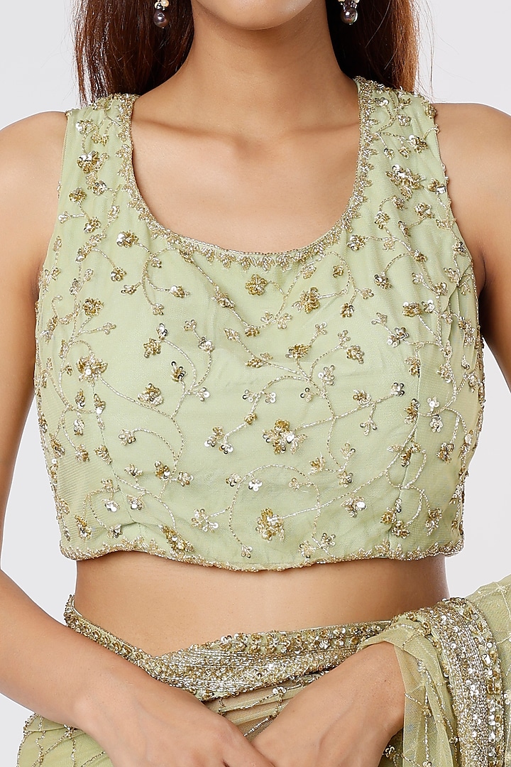 Mint Net Jaal & Sequins Embroidered Reception Saree Set by Astha Narang at Pernia's Pop Up Shop