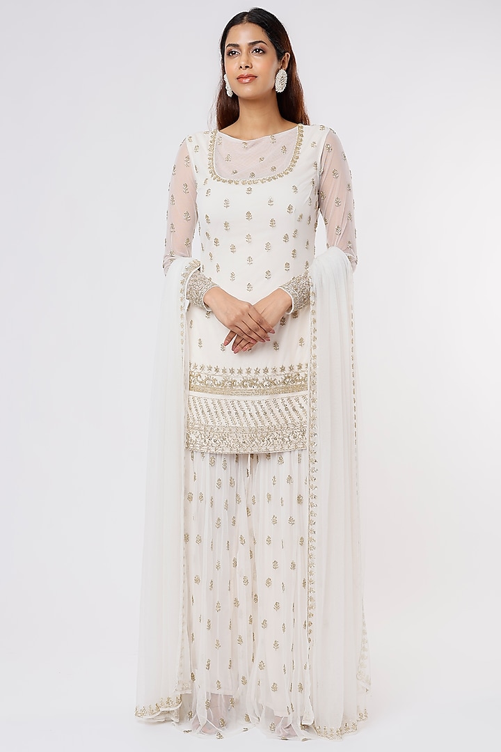 White Embroidered Sharara Set by Astha Narang