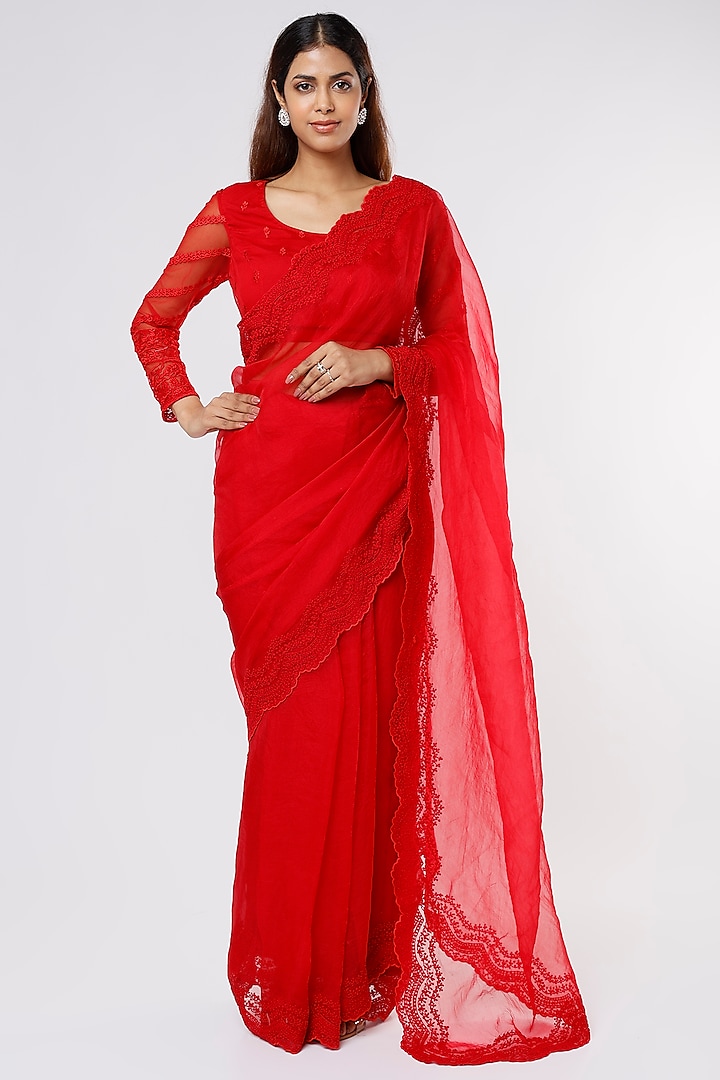Red Saree Set With Thread Work by Astha Narang