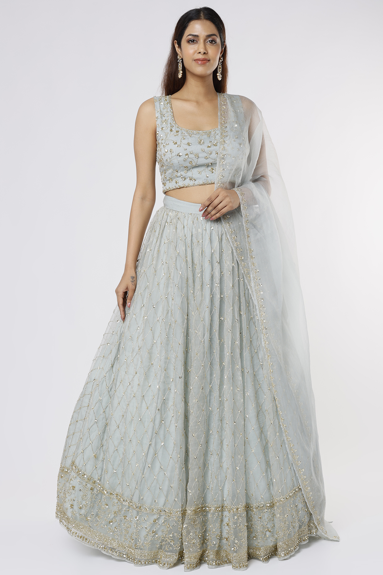 Sky Blue Organza Jaal Embroidered Bridal Lehenga Set by Astha Narang at Pernia's Pop Up Shop