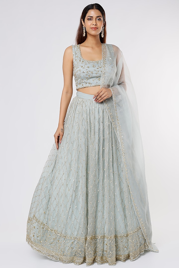 Sky Blue Organza Jaal Embroidered Bridal Lehenga Set by Astha Narang at Pernia's Pop Up Shop