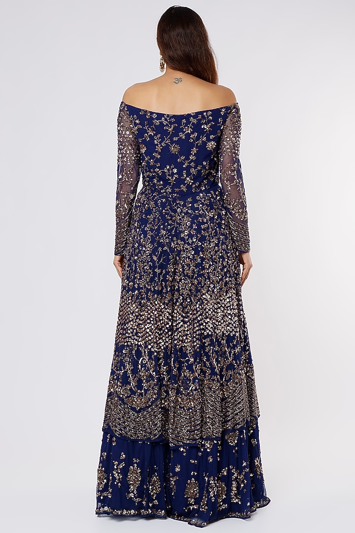 Navy Blue Net Sequins Embroidered Jacket Bridal Lehenga Set by Astha Narang at Pernia's Pop Up Shop