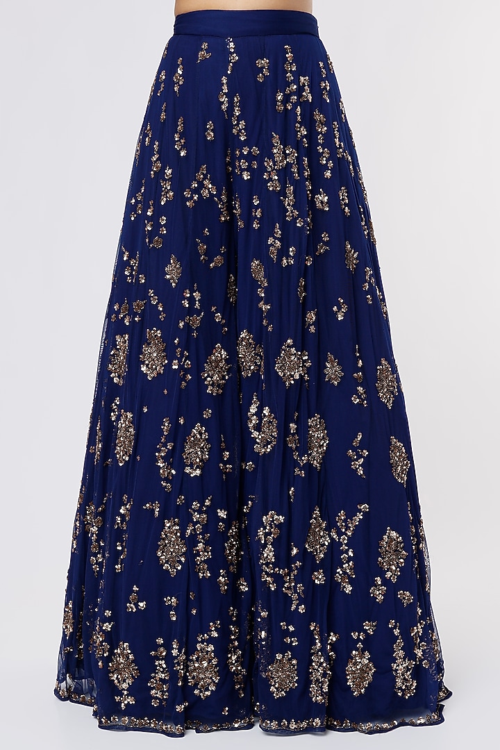 Navy Blue Net Sequins Embroidered Jacket Bridal Lehenga Set by Astha Narang at Pernia's Pop Up Shop