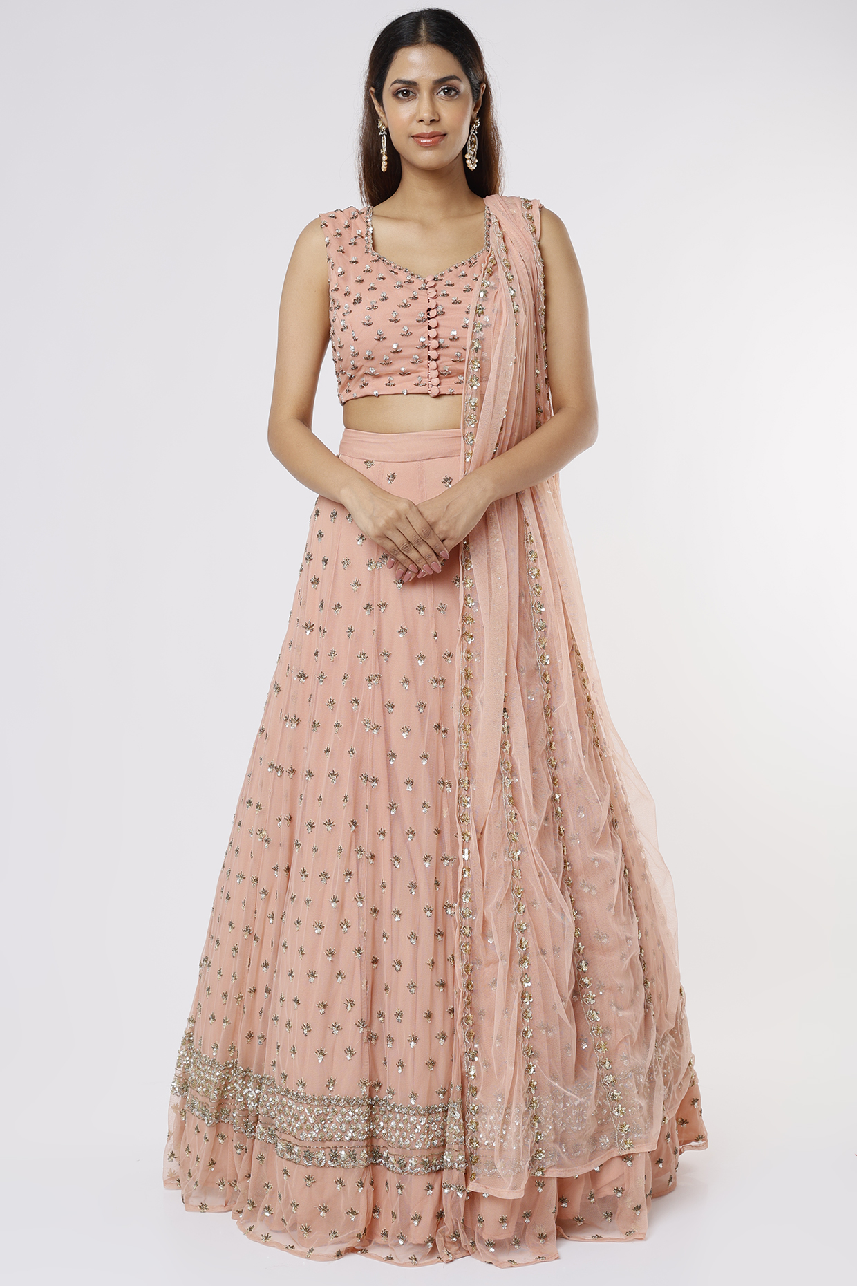 Peach Raw Silk Boota Embroidered Wedding Lehenga Set by Astha Narang at Pernia's Pop Up Shop