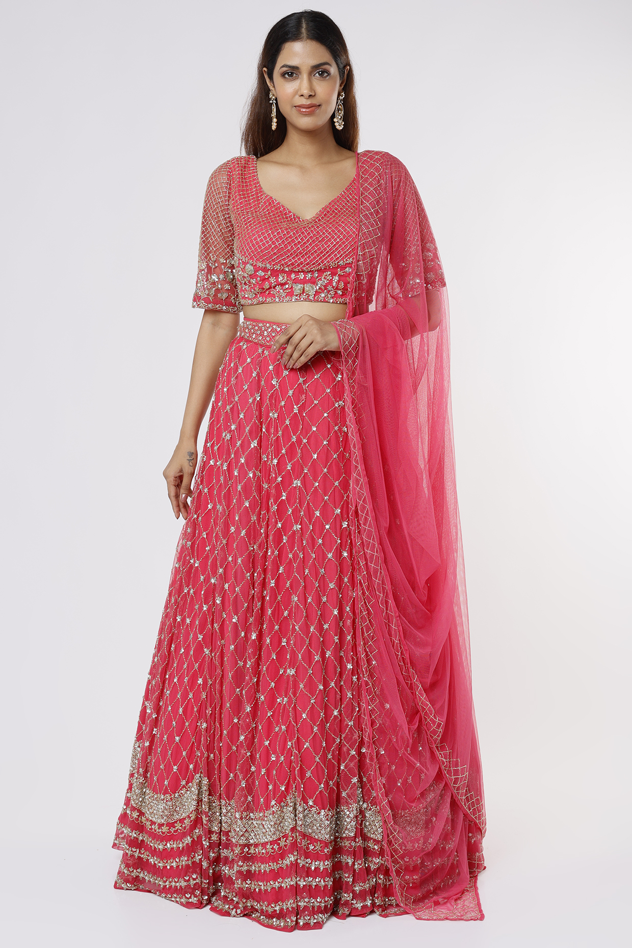 Pink Net Jaal Embroidered Bridal Lehenga Set by Astha Narang at Pernia's Pop Up Shop