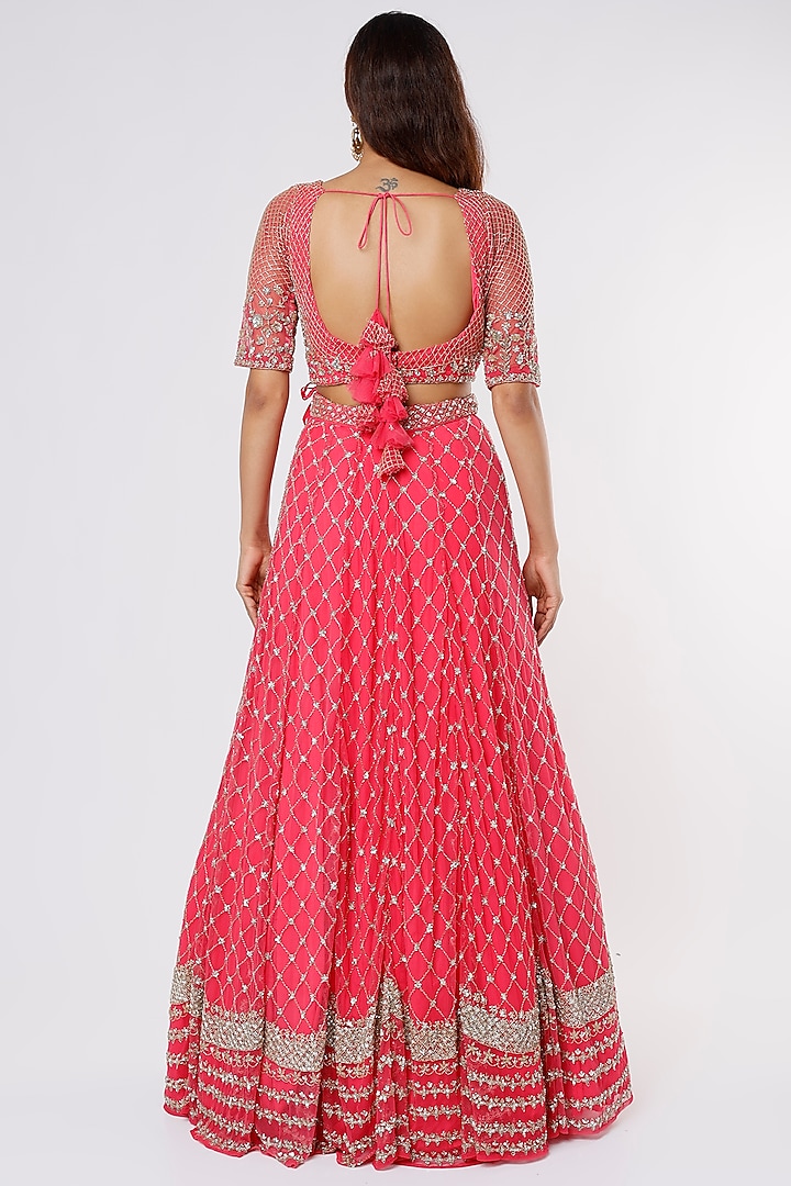 Pink Net Jaal Embroidered Bridal Lehenga Set by Astha Narang at Pernia's Pop Up Shop