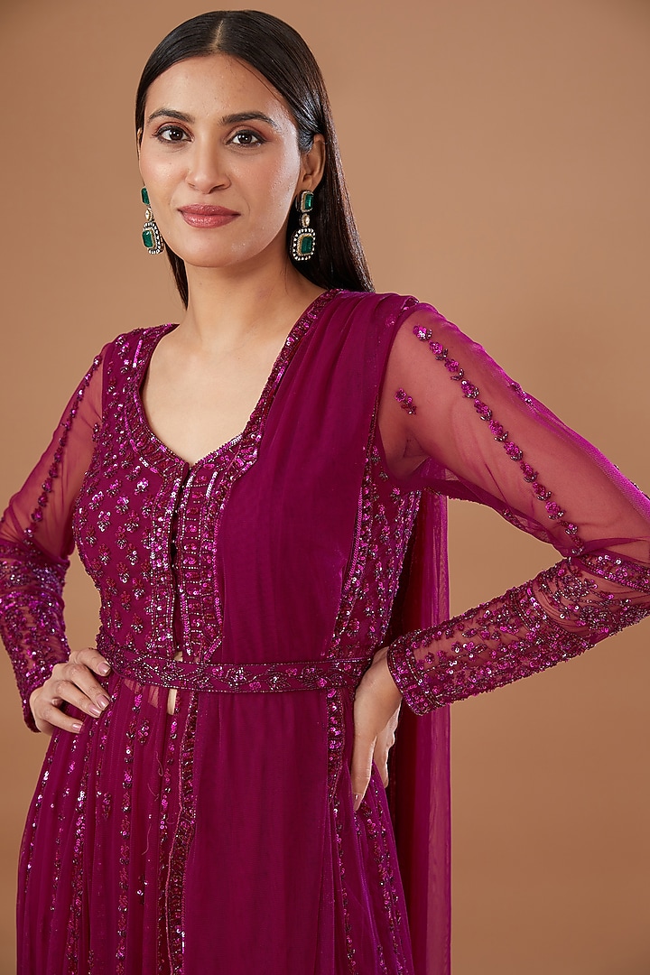 Pink Net Embroidered Jacket Set by Astha Narang at Pernia's Pop Up Shop