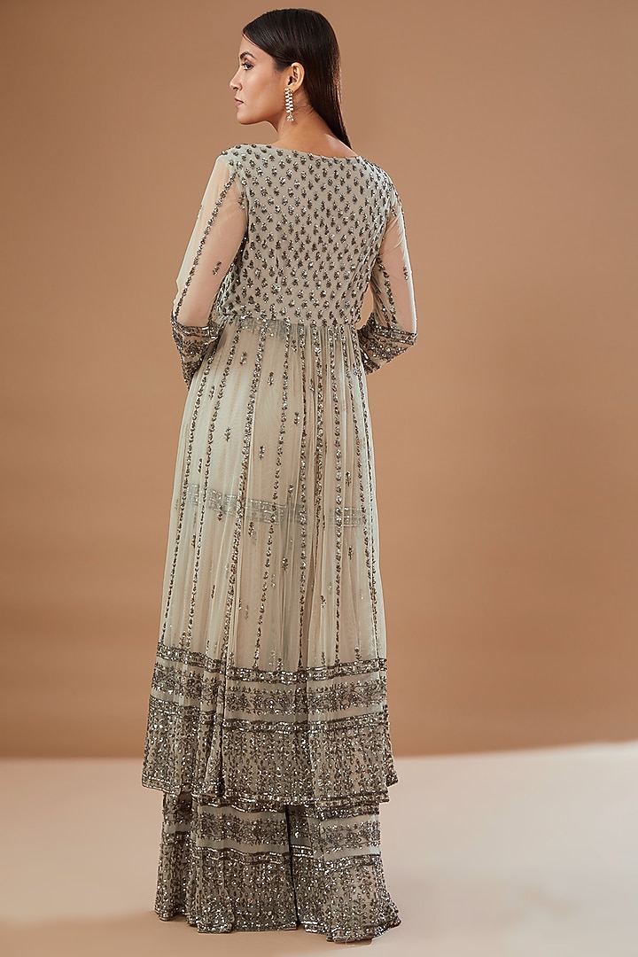 Grey Net Embroidered Jacket Set by Astha Narang at Pernia's Pop Up Shop