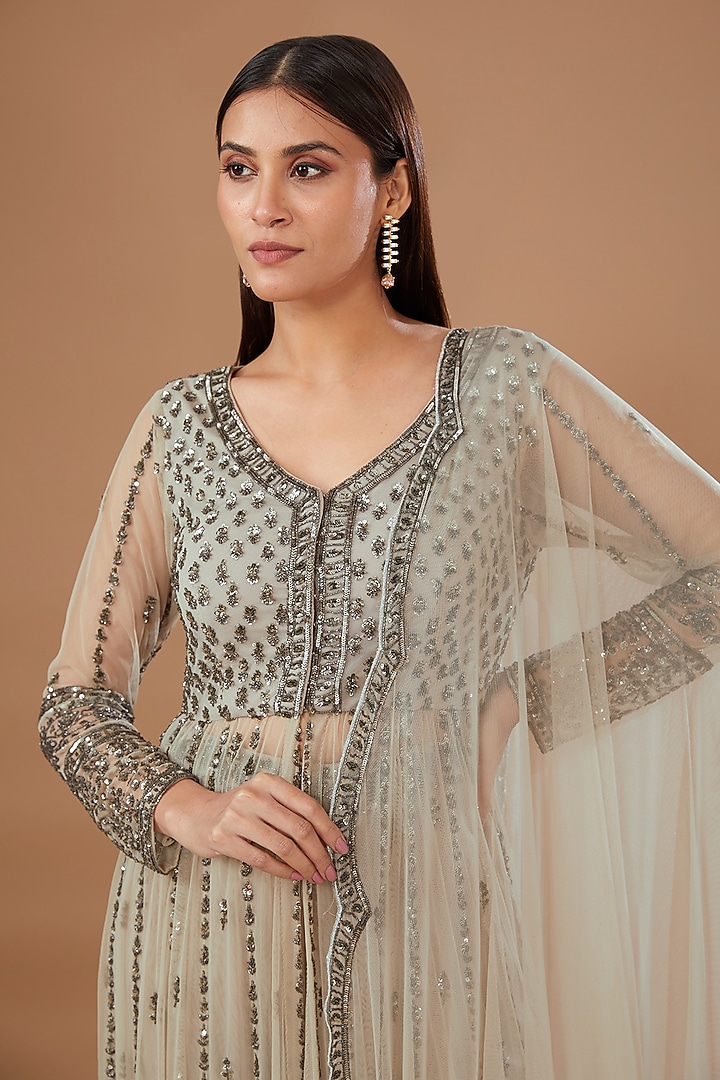 Grey Net Embroidered Jacket Set by Astha Narang at Pernia's Pop Up Shop