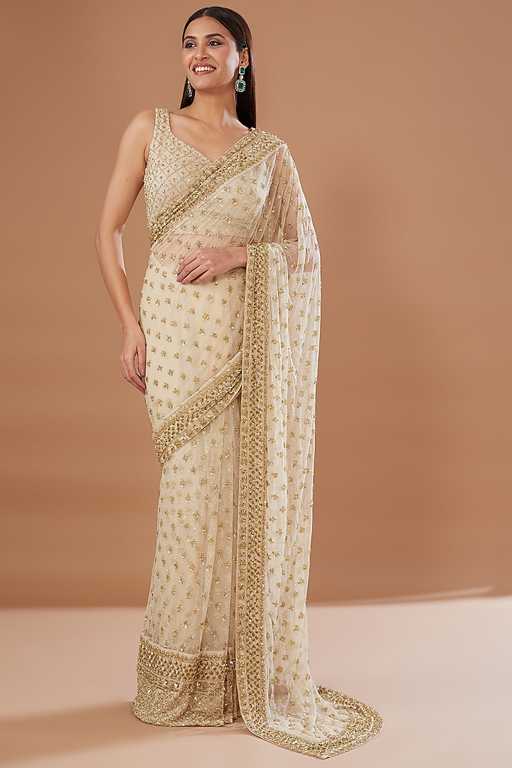 Beige Net & Crepe Boota Embroidered Saree Set by Astha Narang