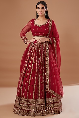 Red Organza Embroidered Lehenga Set by Astha Narang