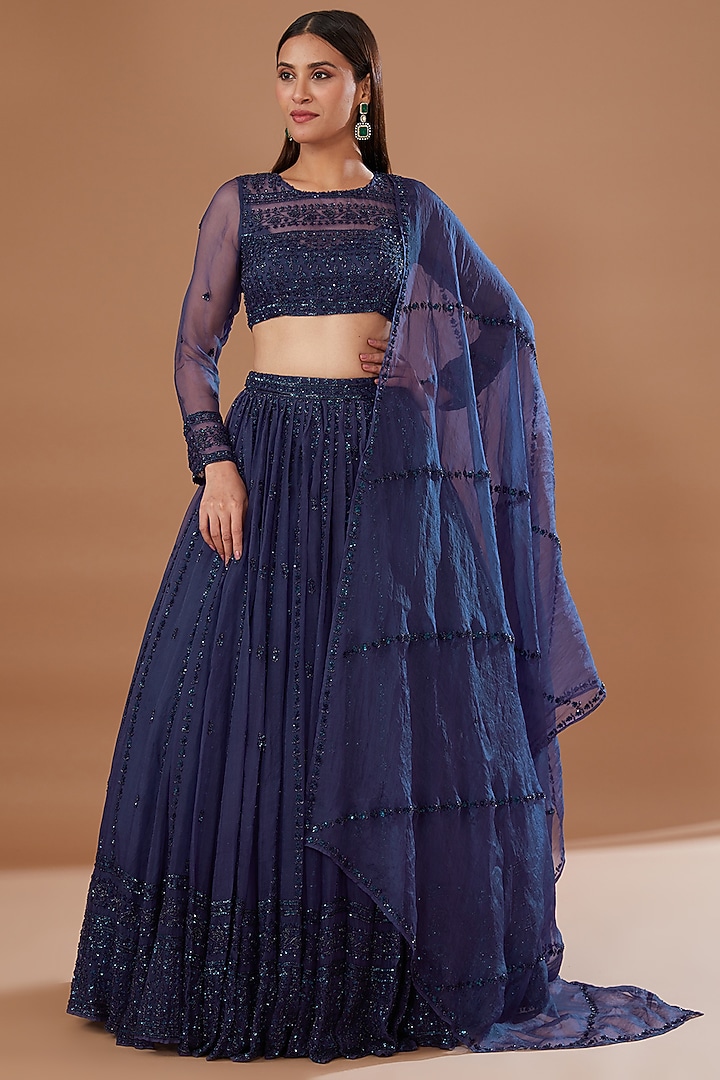 Navy Blue Organza Embroidered Bridal Lehenga Set by Astha Narang at Pernia's Pop Up Shop
