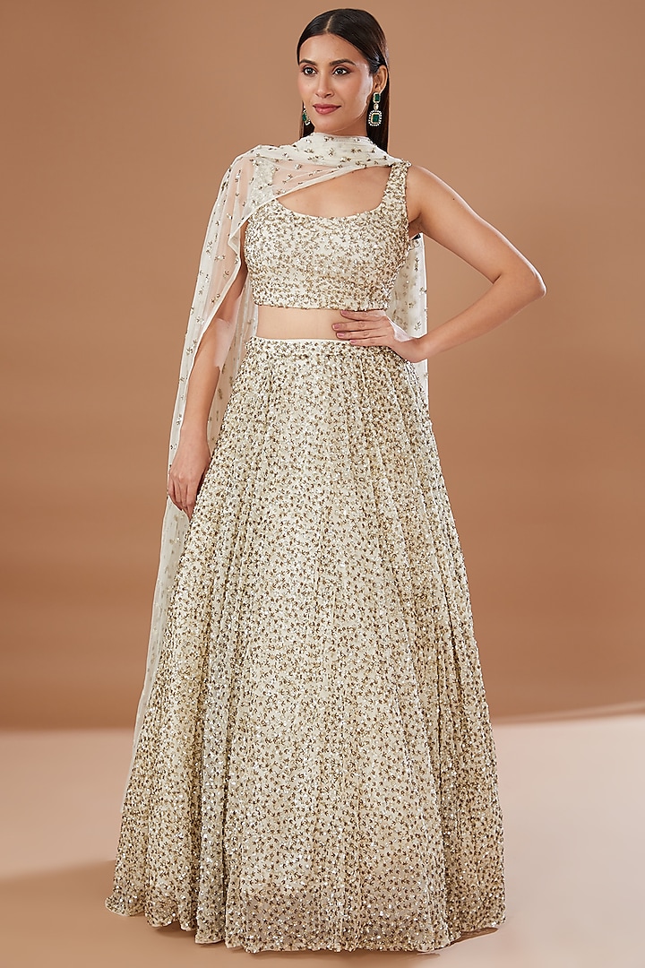 White Net & Crepe Embroidered Lehenga Set by Astha Narang