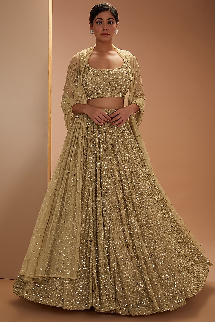 Golden Net & Crepe Embroidered Lehenga Set by Astha Narang