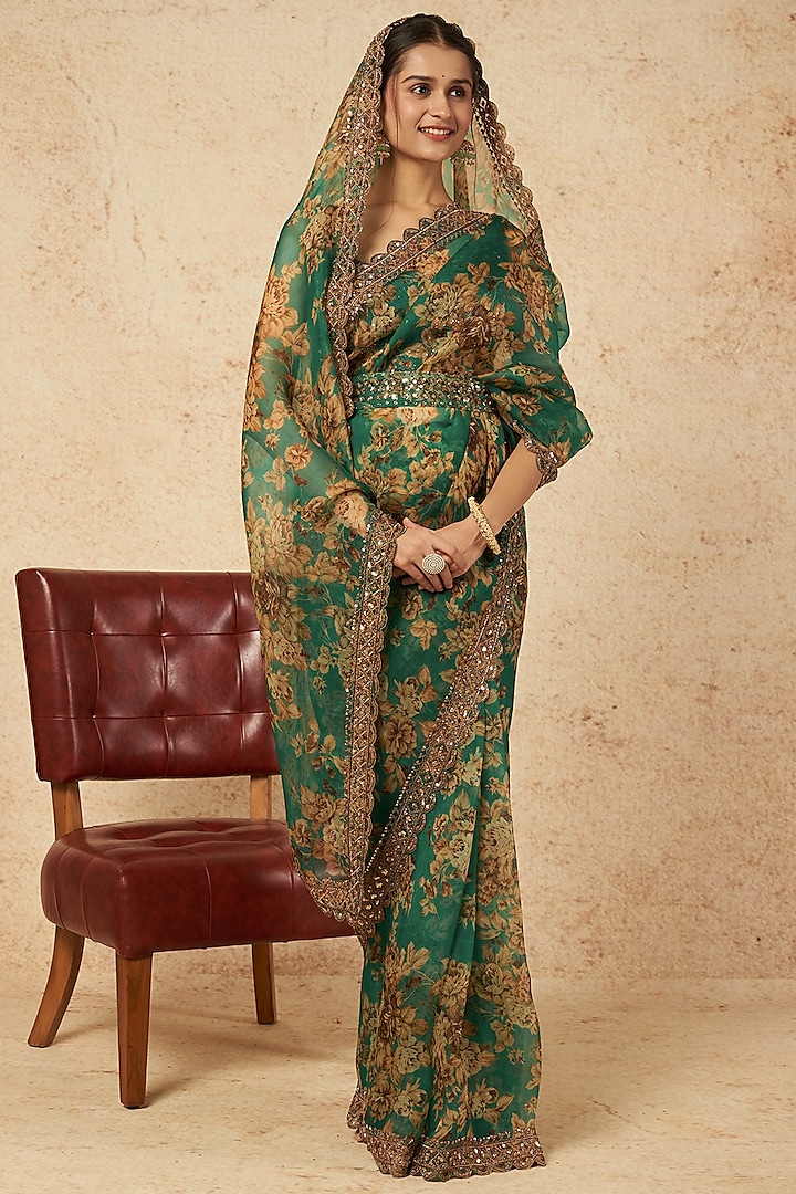 Teal Green Printed Saree Set by Astha Narang