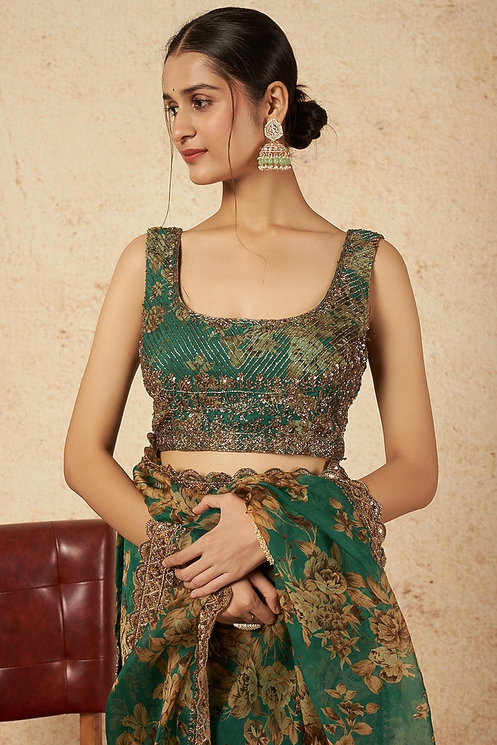 Teal Green Printed Wedding Saree Set by Astha Narang at Pernia's Pop Up Shop