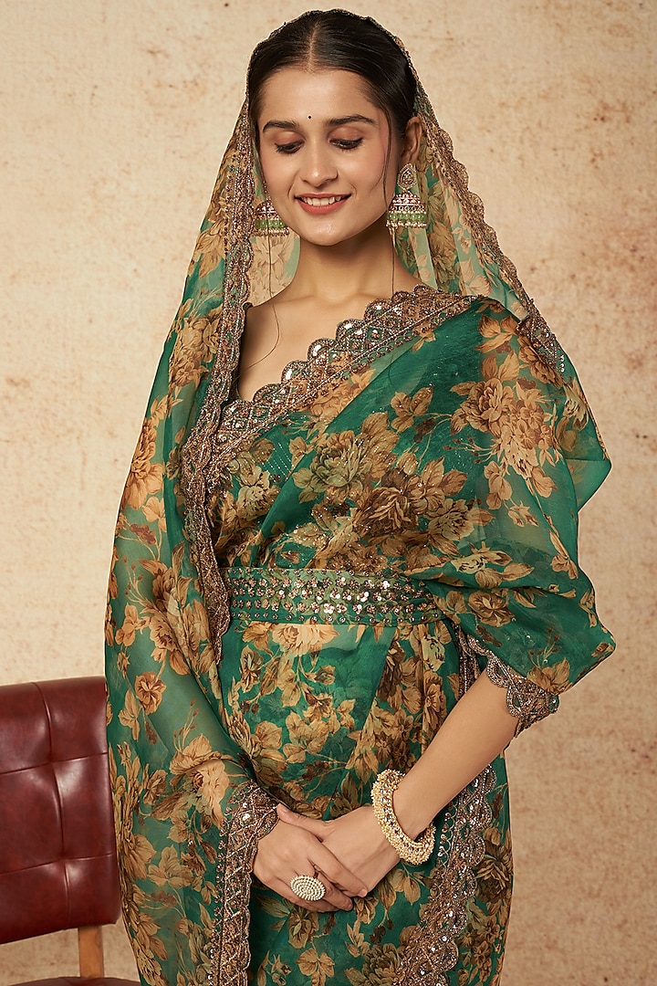 Teal Green Printed Wedding Saree Set by Astha Narang at Pernia's Pop Up Shop