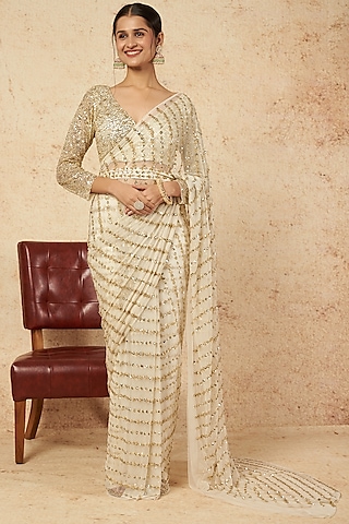 White Embroidered Saree Set by Astha Narang