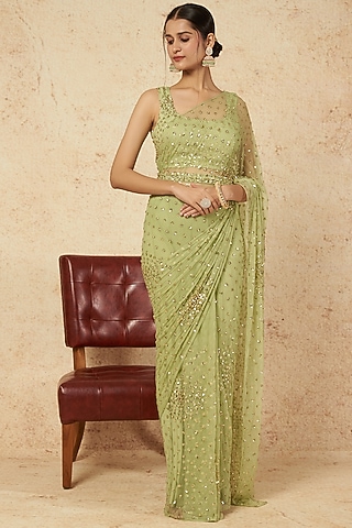 Green Embroidered Saree Set by Astha Narang