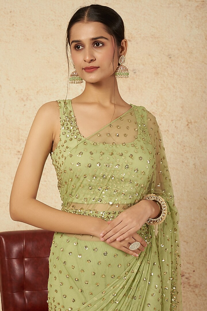 Green Embroidered Wedding Saree Set by Astha Narang at Pernia's Pop Up Shop