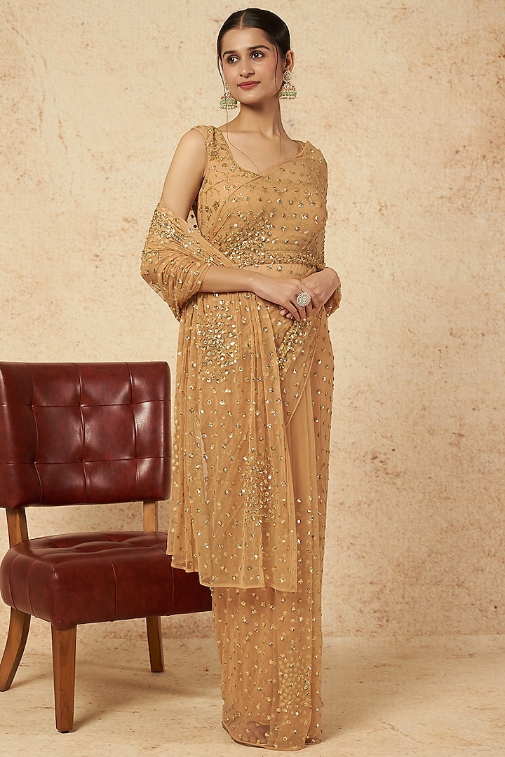 Beige Embroidered Saree Set by Astha Narang