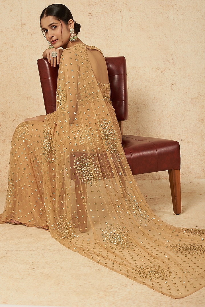 Beige Embroidered Wedding Saree Set by Astha Narang at Pernia's Pop Up Shop