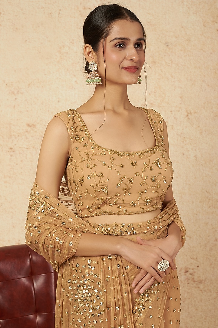 Beige Embroidered Wedding Saree Set by Astha Narang at Pernia's Pop Up Shop