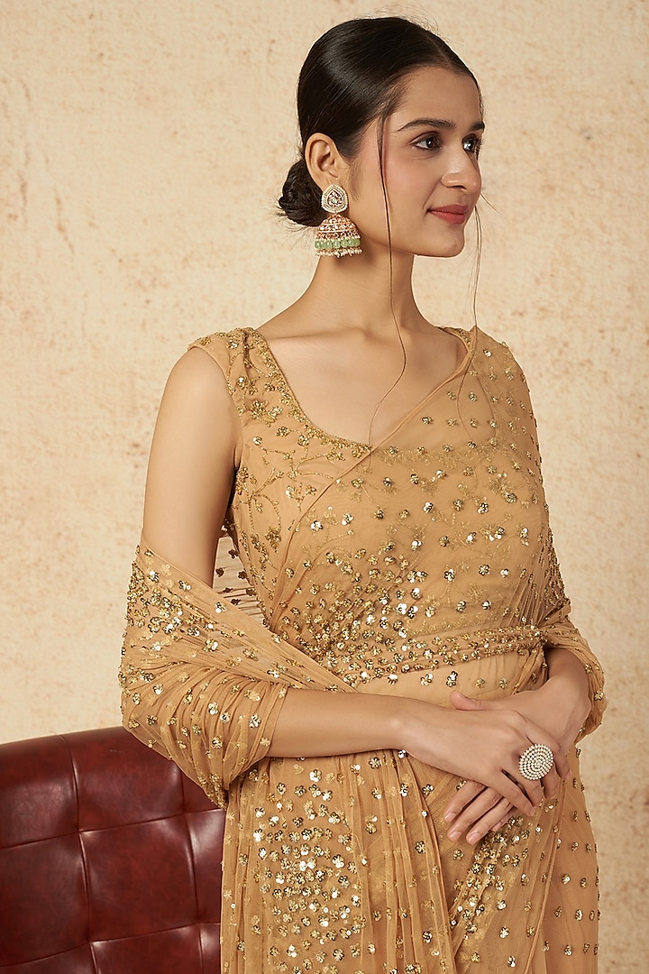 Beige Embroidered Wedding Saree Set by Astha Narang at Pernia's Pop Up Shop
