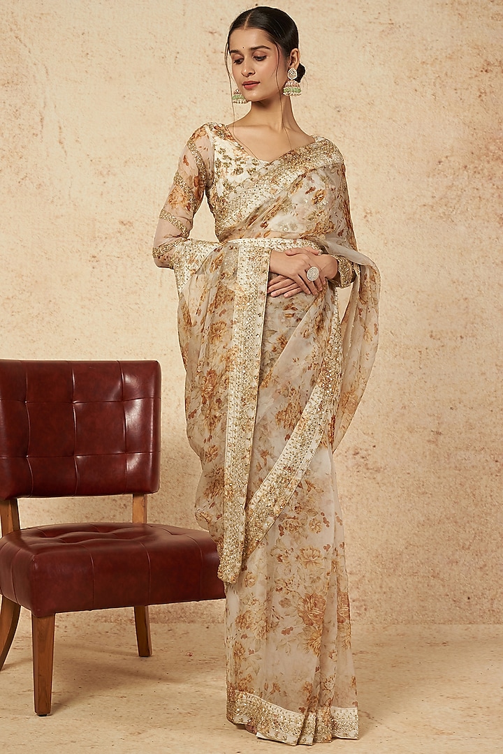 White Floral Printed Saree Set by Astha Narang