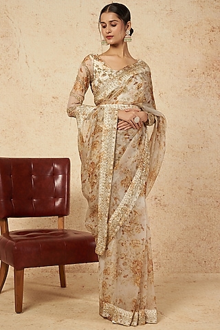 White Floral Printed Saree Set by Astha Narang