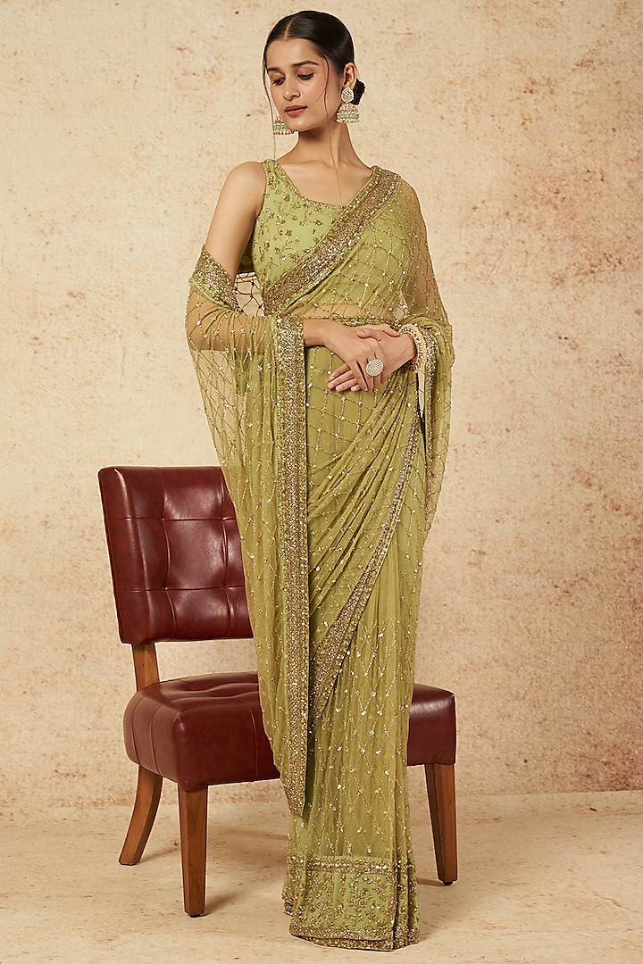 Green Sequins Embroidered Saree Set by Astha Narang