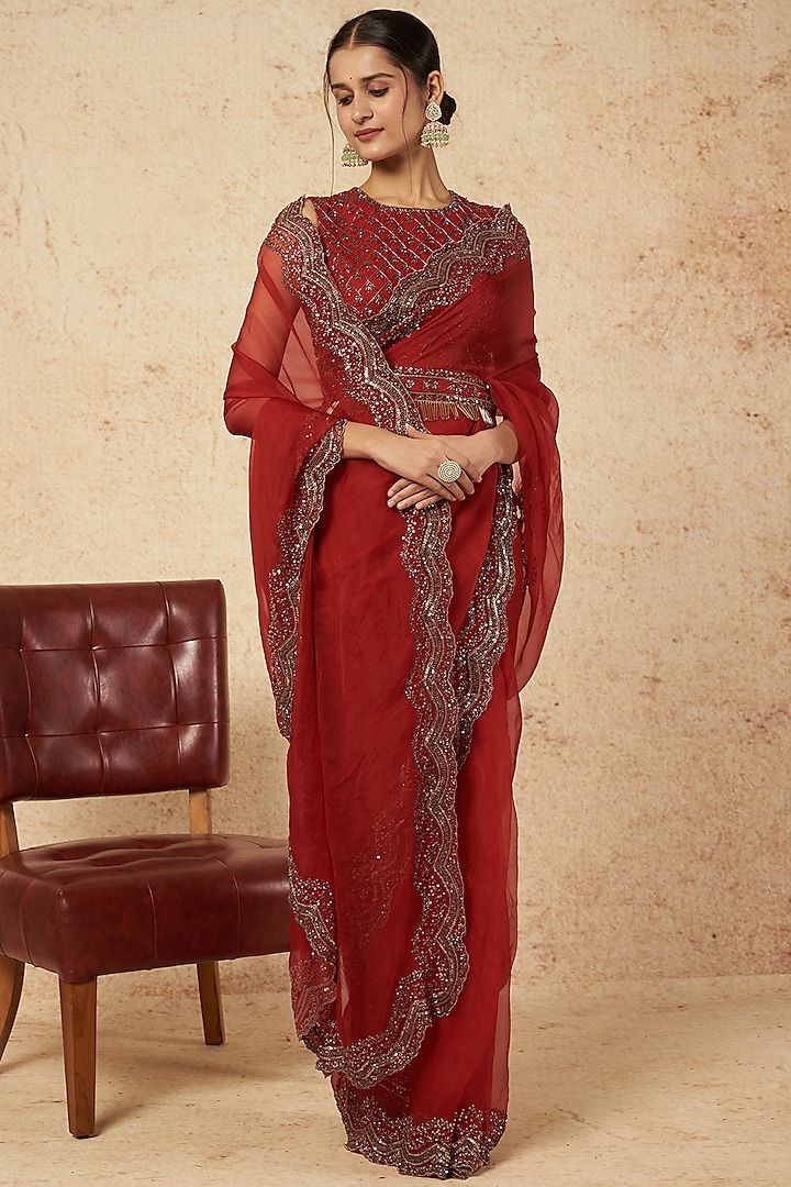 Red Embroidered Saree Set by Astha Narang