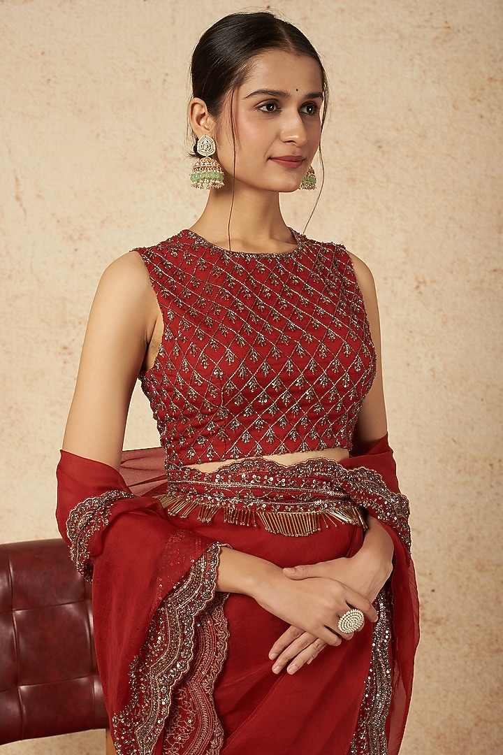 Red Embroidered Wedding Saree Set by Astha Narang at Pernia's Pop Up Shop