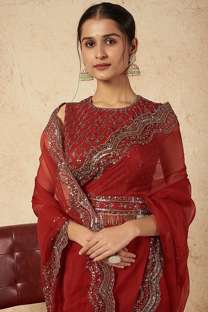 Red Embroidered Wedding Saree Set by Astha Narang at Pernia's Pop Up Shop