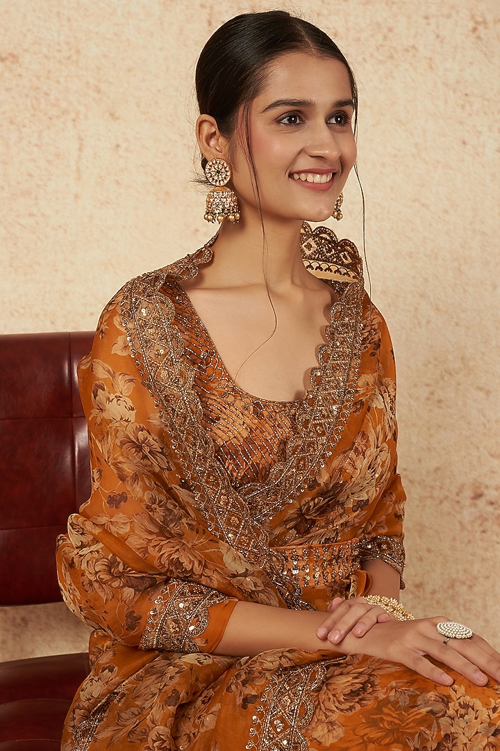 Mustard Crepe Silk Floral Printed Wedding Saree Set by Astha Narang at Pernia's Pop Up Shop