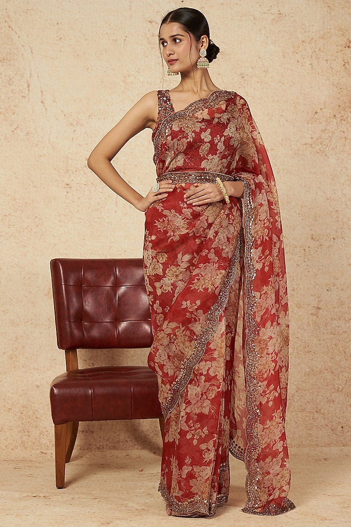 Red Silk Organza & Crepe Floral Printed Saree Set by Astha Narang