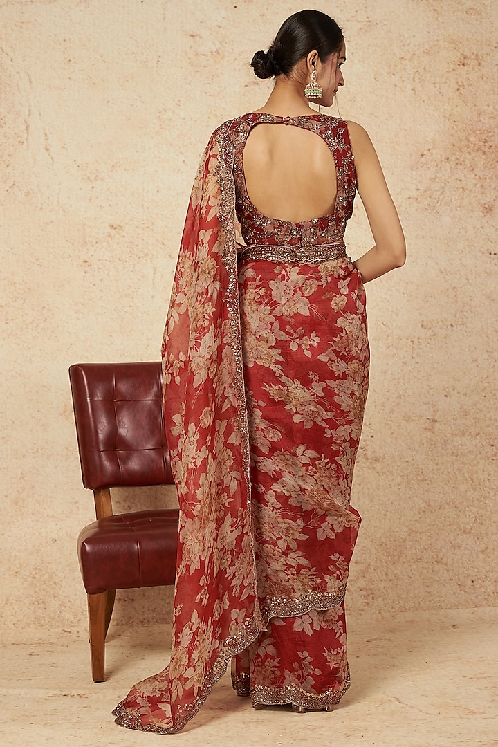 Red Silk Organza & Crepe Floral Printed Wedding Saree Set by Astha Narang at Pernia's Pop Up Shop