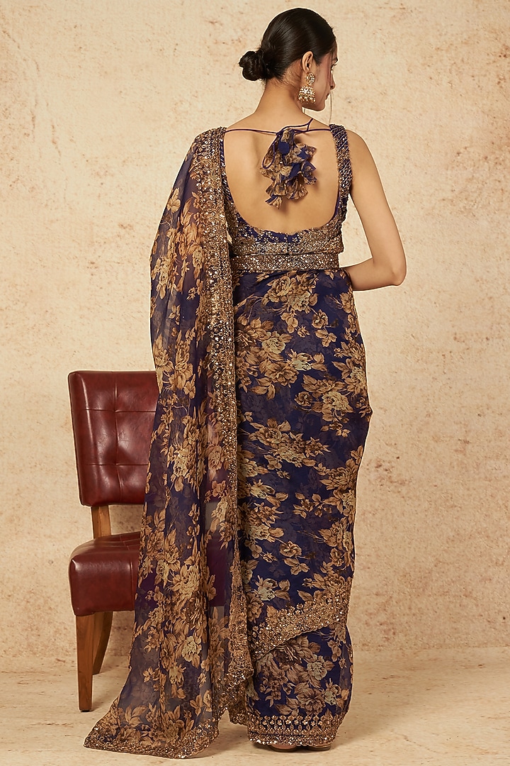 Blue Printed Wedding Saree Set by Astha Narang at Pernia's Pop Up Shop