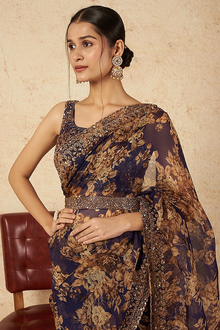 Blue Printed Wedding Saree Set by Astha Narang at Pernia's Pop Up Shop
