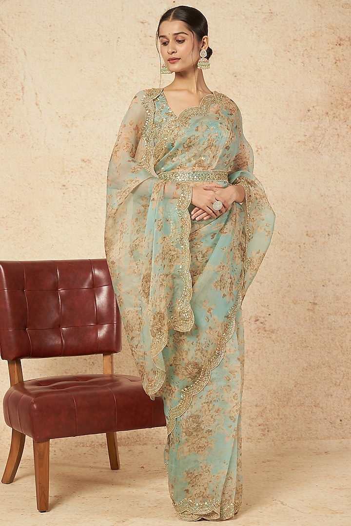 Sky Blue Printed Saree Set by Astha Narang