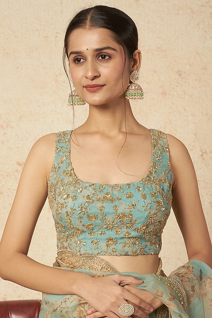 Sky Blue Silk Organza Printed Wedding Saree Set by Astha Narang at Pernia's Pop Up Shop