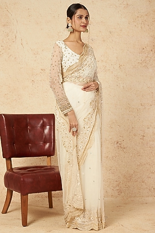 White Embroidered Saree Set by Astha Narang