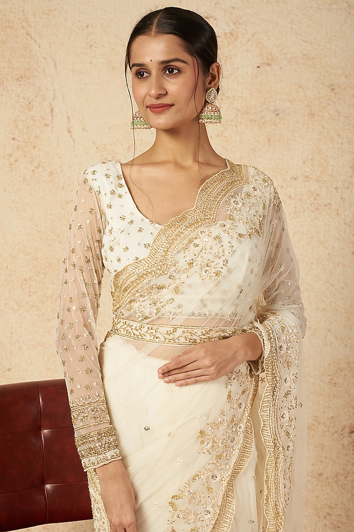 White Embroidered Wedding Saree Set by Astha Narang at Pernia's Pop Up Shop